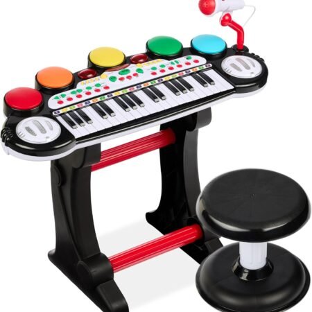 37-Key Kids Electronic Musical Instrument Piano Learning Toy Keyboard w/Multiple Sounds, Lights, Microphone, Stool - Black