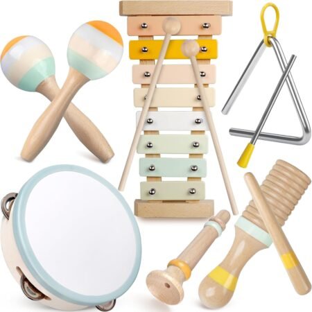 Baby Musical Instruments - Montessori Musical Toys for Toddlers 1-3, Neutral Colors Wooden Percussion Instruments Set, Modern Boho Xylophone Tambourine, Kids Preschool Educational Birthday Gifts