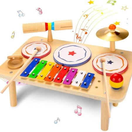Kids Drum Set, Baby Musical Instruments Toys for Toddlers, 9 in 1 Wooden Xylophone Toddler Drum Set Percussion Instruments Musical Toys Birthday Gifts for Children Boys and Girls