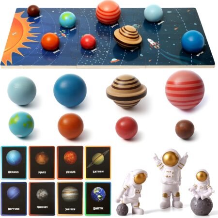 Wooden Solar Sy Model Board，Kids Solar Sy with Astronauts ，Montessori Planet Toys,Educational Planets Balls,Preschool Learning zzle，Space Knowledge Flash Cards Learning Toys for Kids
