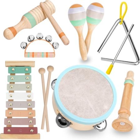 Musical Instruments Set - Neutral Colors Wooden Montessori Toys Percussion Music Modern Boho Xylophone Birthday Gifts for 1 2 3 Year Old Kids Baby Toddlers Boys Girls 3+ with Storage Bag
