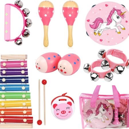 Kids Musical Instruments Sets, 12pcs Wooden Percussion Instruments Toys Tambourine Xylophone for Kids Playing Preschool Education, Early Learning Musical Toys for Boys Girls Gift (Pink)