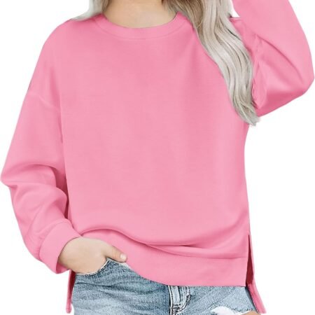 Girls Crewneck Sweatshirt Long Sleeve Pullover Tops Drop Shoulder Sweatshirts Side Split for 5-14 Years